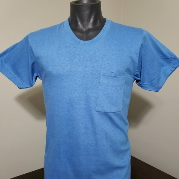 NOS Vintage 80s Blue Blank SQUARE POCKET T SHIRT L FOTL Single Stitch Usa Tee